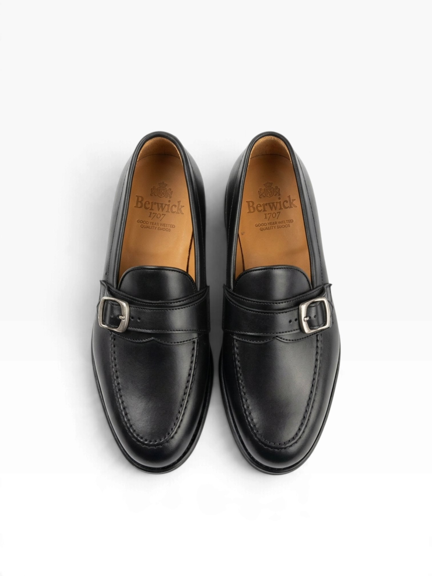Bourgee a world class shoe store Berwick 5470 black leather monk strap loafers with silver buckles and apron stitching