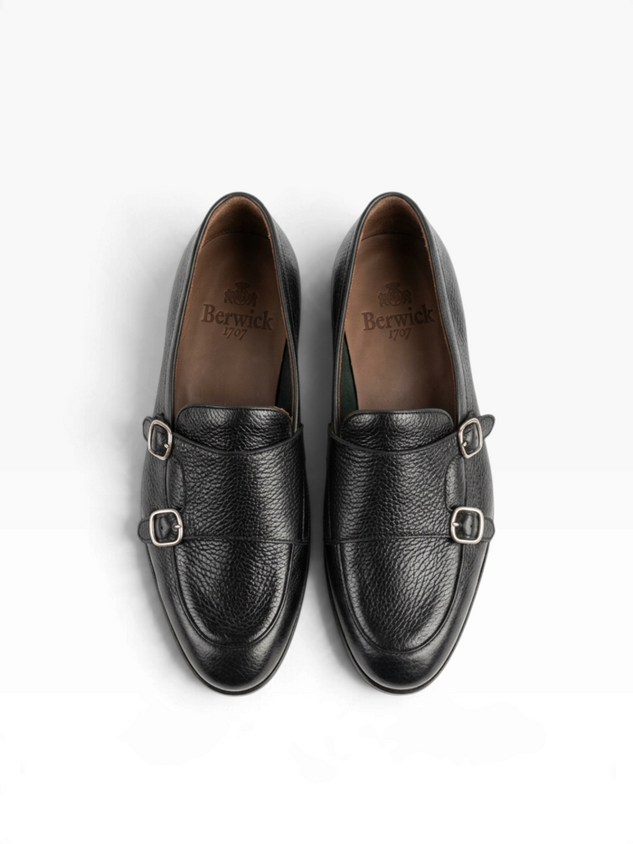 Bourgee a world class shoe store Berwick 5522 black leather double monk strap shoes with silver buckles