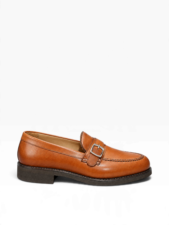 Bourgee a world class shoe store Berwick 5470 tan leather monk strap loafer with a metal buckle and Vibram sole.