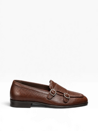 Bourgee a world class shoe store brown pebbled leather double monk strap loafer with silver buckles