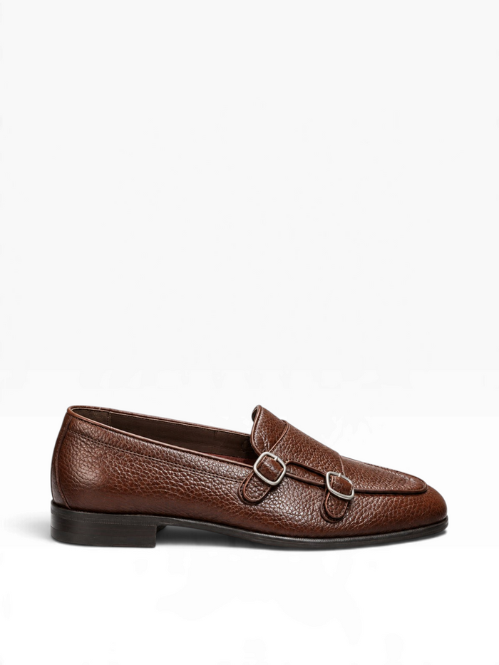 Bourgee a world class shoe store brown pebbled leather double monk strap loafer with silver buckles