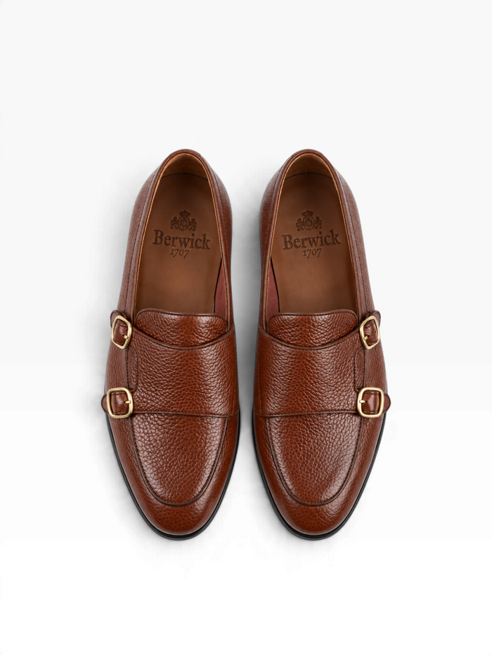 Bourgee a world class shoe store Berwick 5522 brown pebbled leather double monk strap shoes with gold buckles