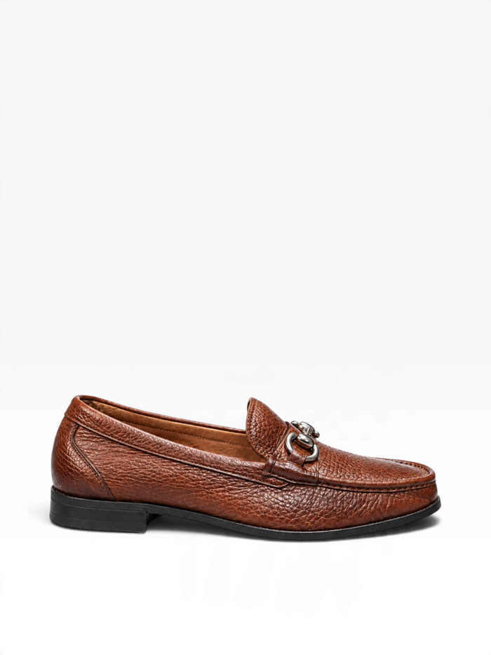 Bourgee a world class shoe store brown leather horsebit loafer with a soft textured finish and Blake-stitched sole.