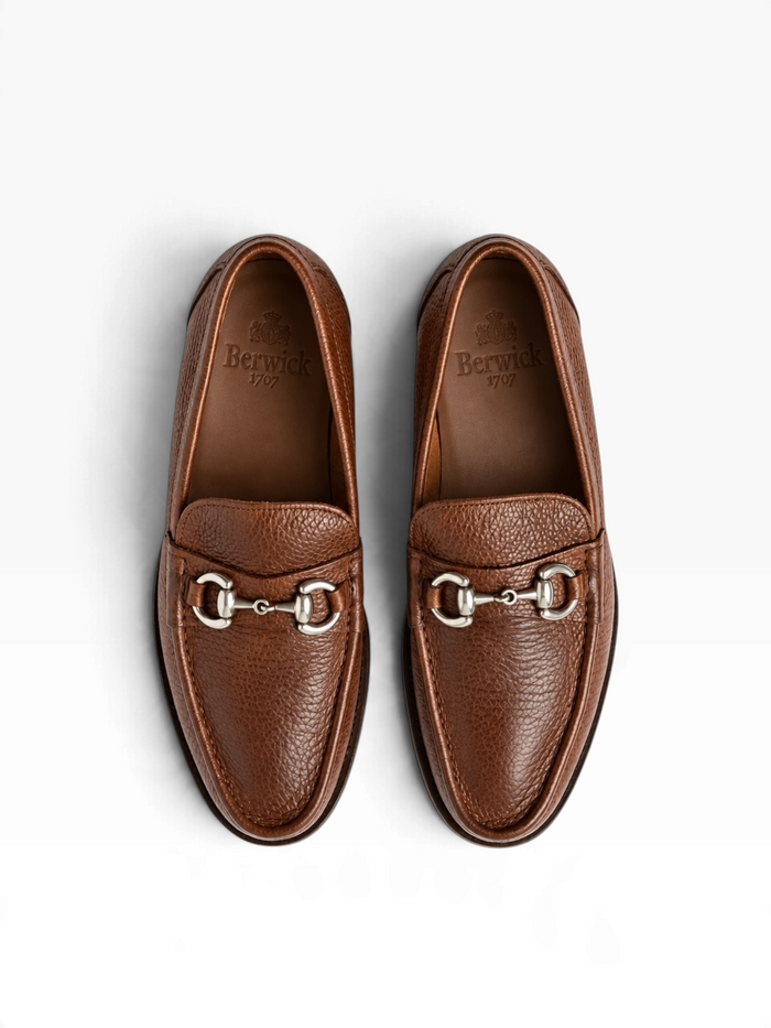 Bourgee a world class shoe store Berwick brown pebbled leather horsebit loafers with silver hardware