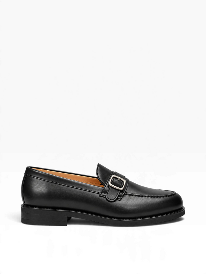 Bourgee a world class shoe store Berwick 5470 black leather monk strap loafer with silver buckle and Vibram sole