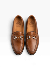 Bourgee a world class shoe store Berwick 5469 brown leather horsebit loafers with silver hardware and apron toe