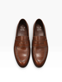 Bourgee a world class shoe store TLB Martin dark brown museum calf leather penny loafers with handsewn detailing.