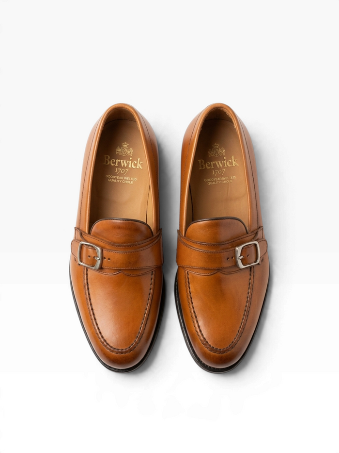 Bourgee a world class shoe store Berwick 5470 tan leather monk strap loafers with metal buckles and Goodyear welt