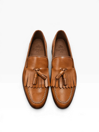 Bourgee a world class shoe store Berwick 1707 tan leather tassel loafers with kiltie fringe and apron toe stitching.