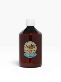 Bourgee a world class shoe store Saphir Universal Cream Polish in a brown bottle for nourishing smooth leather goods.