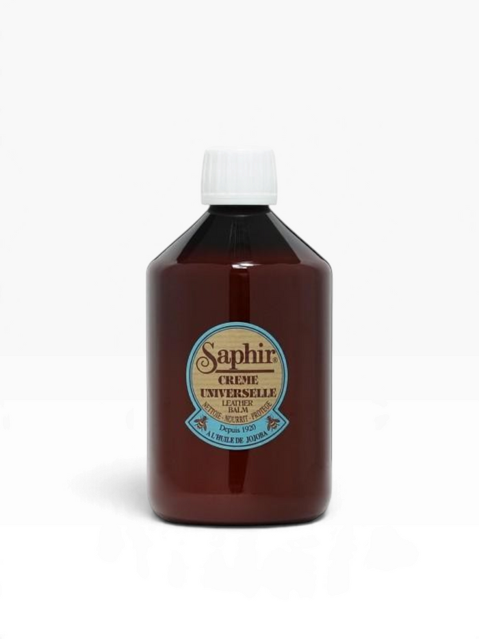 Bourgee a world class shoe store Saphir Universal Cream Polish in a brown bottle for nourishing smooth leather goods.