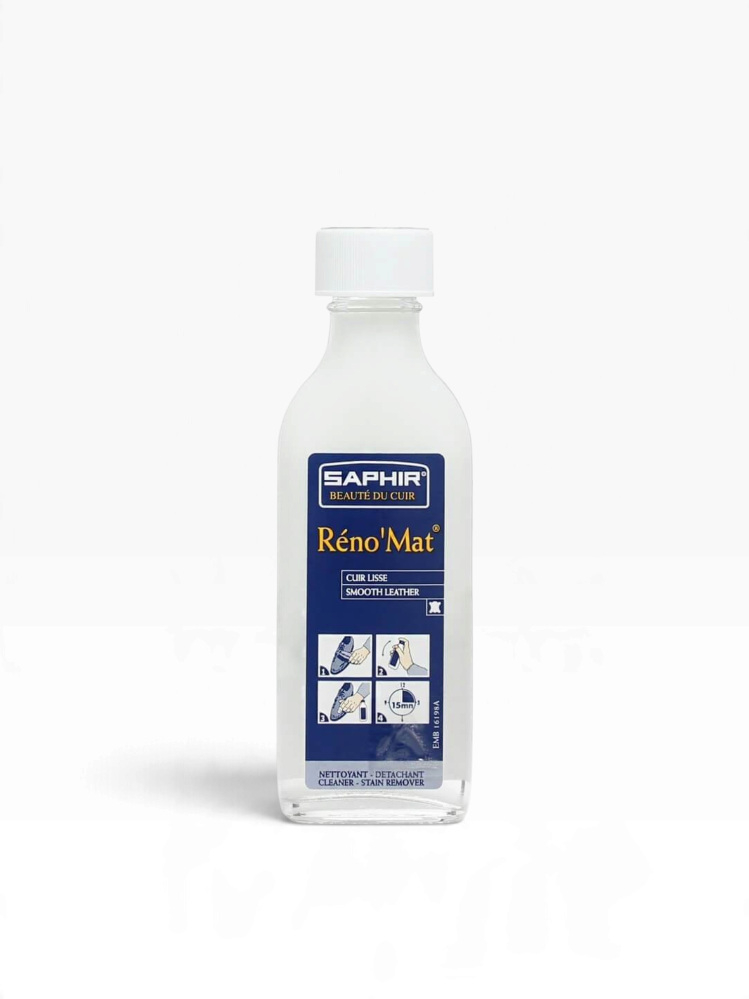 Bourgee a world class shoe store Saphir Reno'Mat leather cleaner in a clear 100ml bottle for smooth leather care
