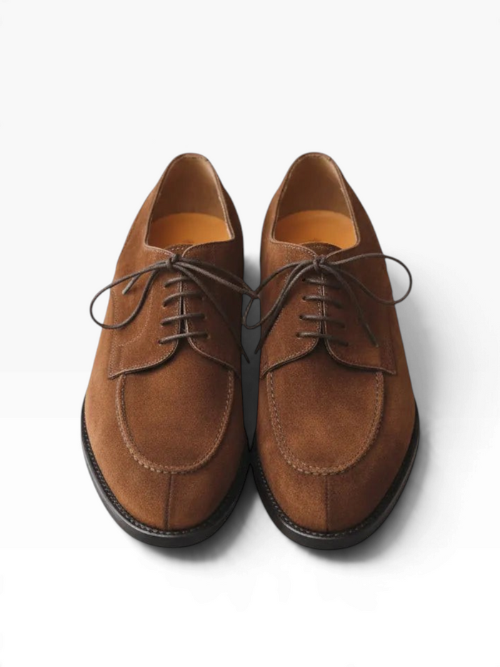 Bourgee a world class shoe store Berwick 1707 brown suede split toe derby shoes with almond toe and leather sole